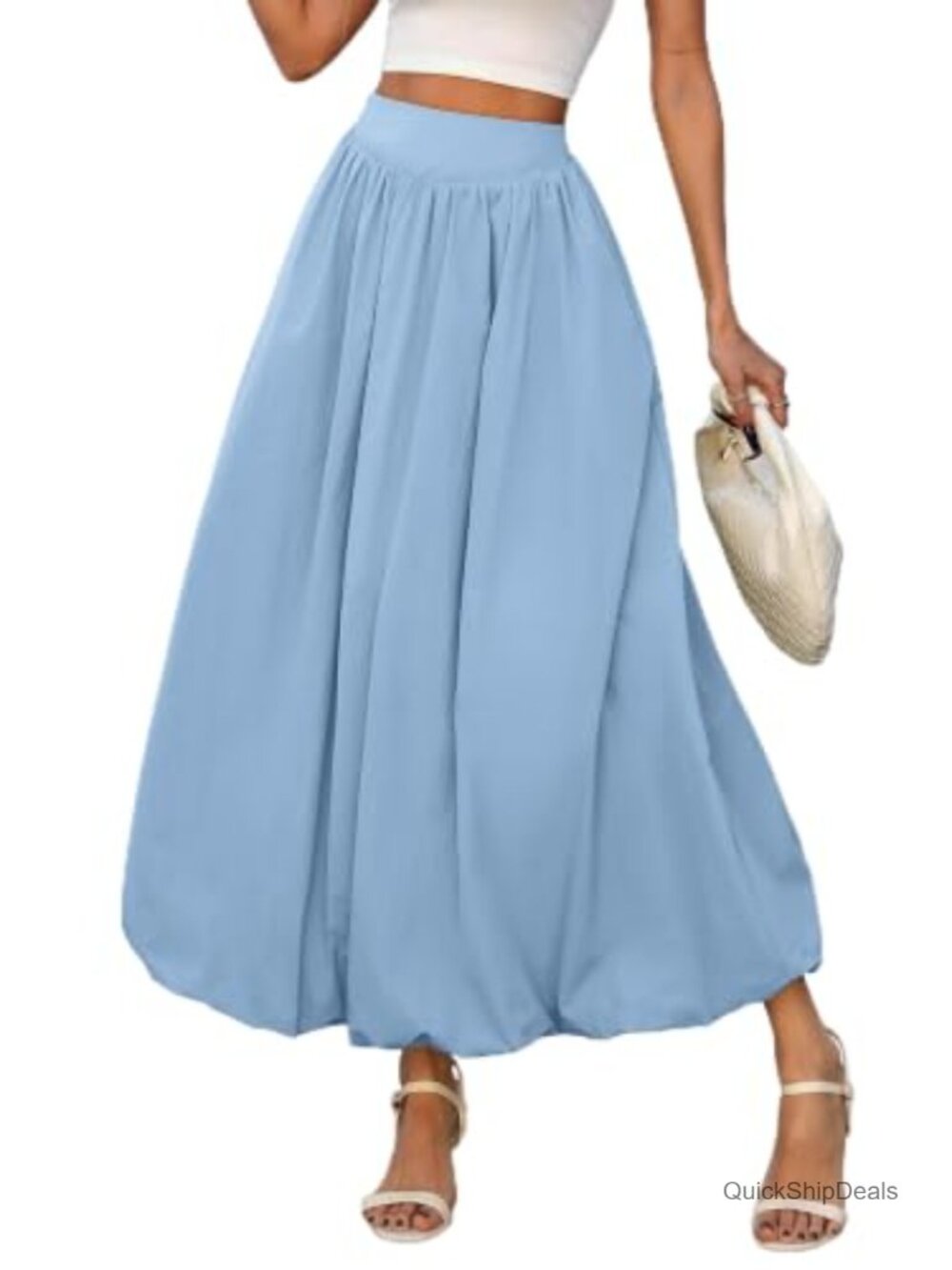 Bubble Maxi Skirt Elastic Waist Puffy Hem A-Line Pleated Ankle Length